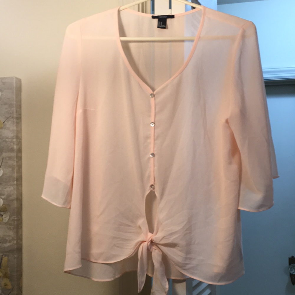 🔷$1 w/ purchaseSheer Light Pink Button Tie Blouse